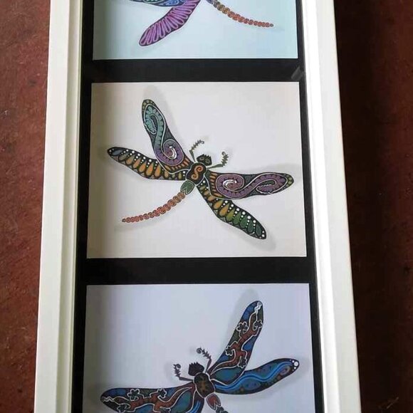 Three Dragonflies Art prints with Subliminal Wing Designs framed in a White Wood - Picture 5 of 12